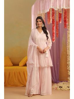 Scakhi - Pink Mulmul Embroidered Angrakha Kurta with Sharara and Dupatta