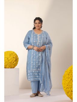 Scakhi - Powderblue Mulmul Embroidered Straight Kurta with Pant and Dupatta