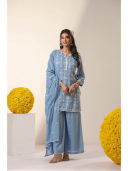 Scakhi - Powderblue Mulmul Embroidery Kurta with Palazzo and Dupatta