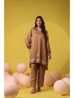 Scakhi - Brown Russian Silk with Zari Work Co-Ord Set