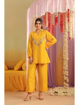 Scakhi - Embroidered Mustard Russian Silk Co-Ord Set