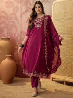 Ariya Prints - Women Wine Silk Embroidered Kurta with Pant and Dupatta