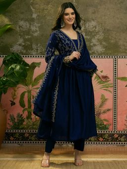 Ariya Prints - Women Navy Blue Silk Embroidered Kurta with Pant and Dupatta