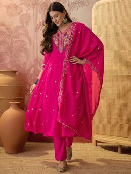 Ariya Prints - Women Pink Silk Embroidered Kurta with Pant and Dupatta