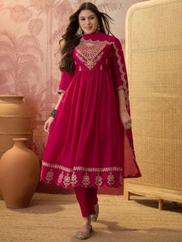 Ariya Prints - Women Pink Silk Embroidered Kurta with Pant and Dupatta