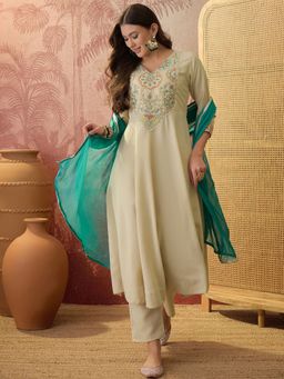Ariya Prints - Women Cream Silk Embroidered Kurta with Pant and Dupatta