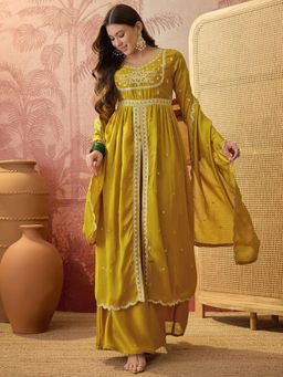 Ariya Prints - Women Mustard Silk Embroidered Kurta with Palazzo and Dupatta