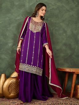 Ariya Prints - Women Purple Silk Embroidered Kurta with Palazzo and Dupatta