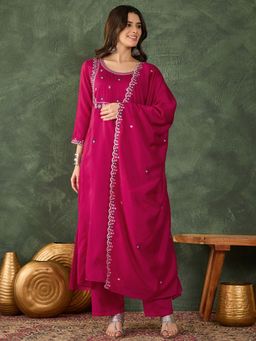 Ariya Prints - Women Pink Silk Embroidered Kurta with Pant and Dupatta