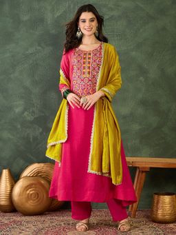 Ariya Prints - Women Pink Silk Embroidered Kurta with Pant and Dupatta