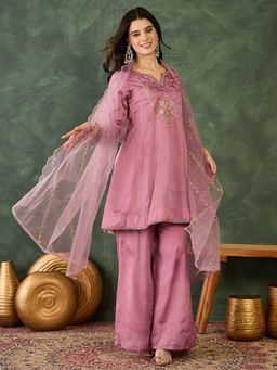 Ariya Prints - Women Purple Silk Embroidered Kurta with Palazzo and Dupatta