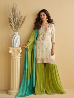 JATRIQQ - Women White Chinon Embroidered Kurta with Sharara and Dupatta