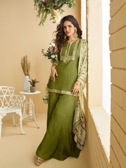 JATRIQQ - Women Green Chinon Embroidered Kurta with Palazzo and Dupatta