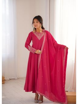 JATRIQQ - Women Pink Silk Blend Embroidered Anarkali Kurta with Pant and Dupatta