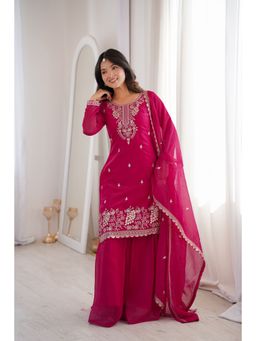 JATRIQQ - Women Pink Silk Blend Embroidered Kurta with Sharara and Dupatta