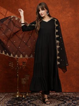 BERRYLICIOUS - Black Rayon Anarkali Kurta with Pant and Embroidered Dupatta