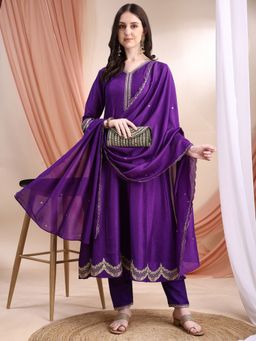BERRYLICIOUS - Purple Silk Embroidered Anarkali Kurta with Pant and Coordinated Dupatta