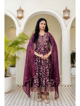 BERRYLICIOUS - Wine Silk Embroidered and Printed Anarkali Kurta with Pant and Dupatta