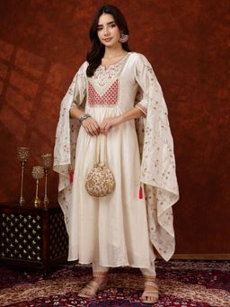 BERRYLICIOUS - Silk Embroidered White Anarkali Kurta with Pant and Embroidered Dupatta