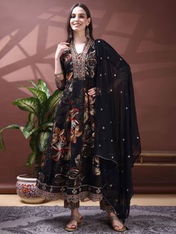 BERRYLICIOUS - Black Embroidered and Printed Anarkali Kurta with Pant and Embroidered Dupatta