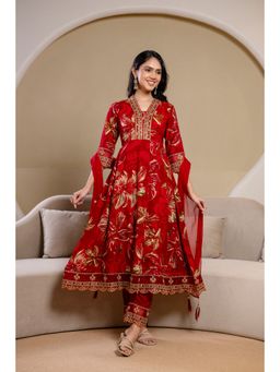 BERRYLICIOUS - Maroon Embroidered and Printed Anarkali Kurta with Pant and Embroidered Dupatta