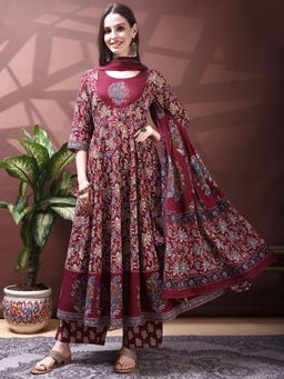 BERRYLICIOUS - Wine Pure Cotton Embroidered Anarkali Kurta with Palazzo and Dupatta