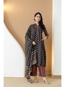 BERRYLICIOUS - Black A-Line Pure Cotton Ethnic Printed A-Line Kurta with Pant and Dupatta