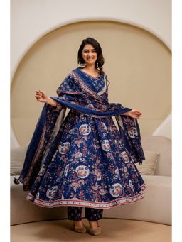 BERRYLICIOUS - Navy Blue Pure Cotton Printed Anarkali Kurta with Pant and Dupatta