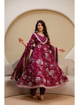 BERRYLICIOUS - Wine Pure Cotton Printed Anarkali Kurta with Pant and Dupatta