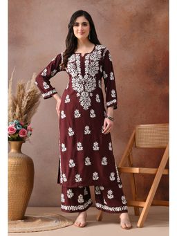 SYRISH - Women Brown Rayon Embroidered Kurta with Palazzo