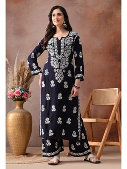 SYRISH - Women Navy Blue Rayon Embroidered Kurta with Palazzo