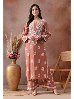 SYRISH - Women Peach Rayon Embroidered Kurta with Palazzo