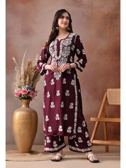 SYRISH - Women Wine Rayon Embroidered Kurta with Palazzo