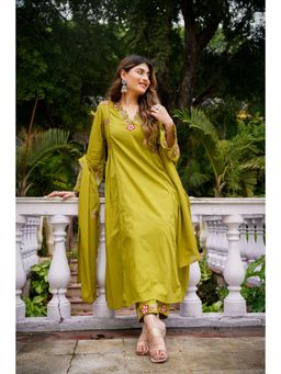 Ariya Prints - Women Mustard Silk Embroidered Kurta with Pant and Dupatta