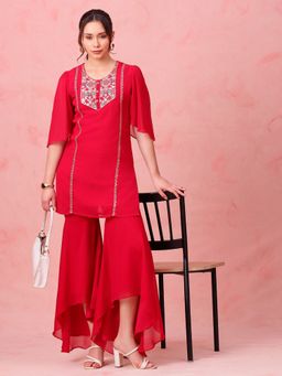 Vbuyz - Women's Pink Embroidered Straight Georgette Stitched Top with Sharara