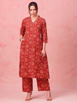 Vbuyz - Women's Rust Floral A-Line Cotton Stitched Co-Ord Set