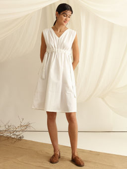 Blue Hour - Adjustable Tie-up Belt Cotton Poplin Dress