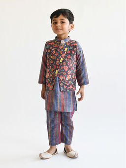 Fayon Kids - Printed Nehru Jacket with Kurta and Pants (Set of 3)
