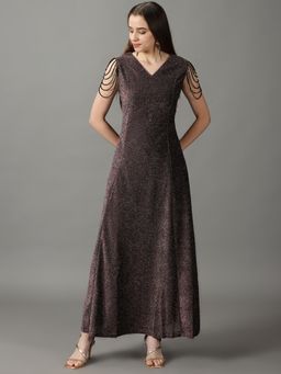 SHOWOFF - Womens Embellished V-Neck Maroon Maxi Dress