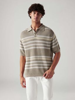 Levi's - Men's Striped Taupe Loose Fit Polo T-Shirt
