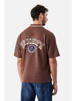 Snitch - Brown Graphic Half Sleeves Oversized Casual Polo T-shirt