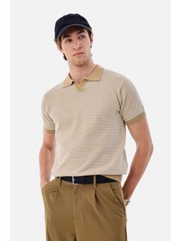 Snitch - Beige Stripes Half Sleeves Regular Casual Polo T-shirt