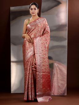 CHARUKRITI - Beige Silk Blend Floral Handwoven Saree with Unstitched Blouse