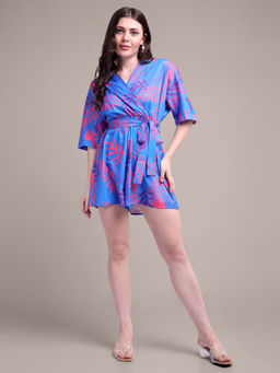 IKI CHIC - Womens Blue Leaf Print Plunge Flare Hem with Tie Up-Belt Playsuit (Set of 2)