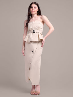 IKI CHIC - Womens Beige Buckle Detail Bandeau Neckline Top with Skirt and Belt (Set of 3)