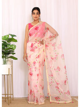 Label Kanupriya - Cream Floral Bougainvillea Sequinned Shibori Saree with Unstitched Blouse