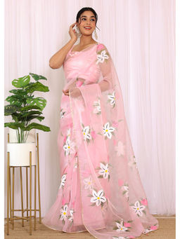 Label Kanupriya - Powder Pink Hand Painted Organza Saree with Unstitched Blouse