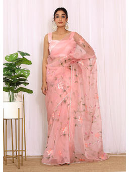 Label Kanupriya - Peach Hand Painted Floral Organza Saree with Unstitched Blouse