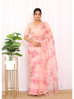 Label Kanupriya - Peony Pink Floral Organza Saree with Unstitched Blouse