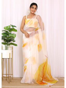 Label Kanupriya - Yellow Anthurium Hand Painted Organza Saree with Unstitched Blouse